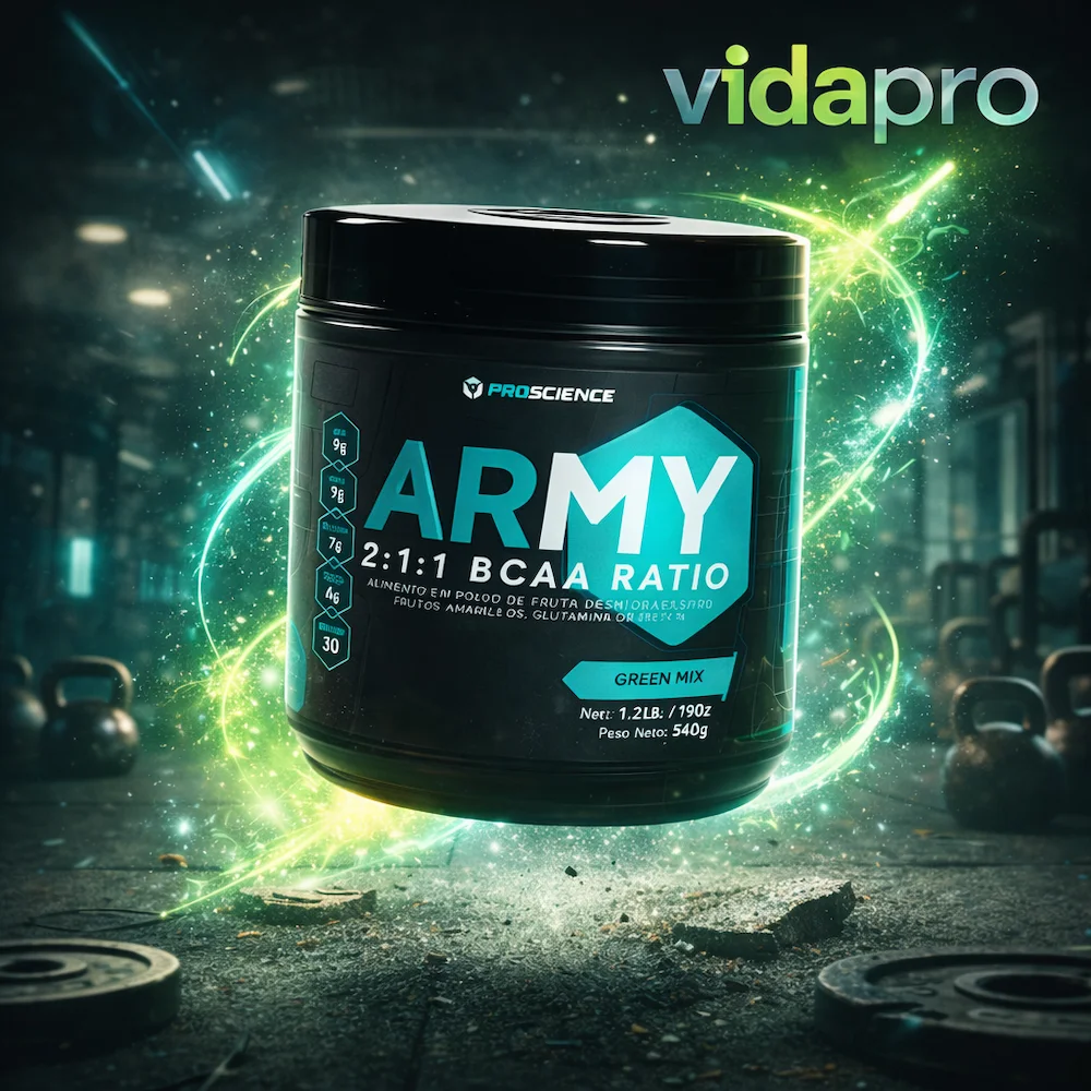 BCAA ProScience ARMY 540g flotando en el aire