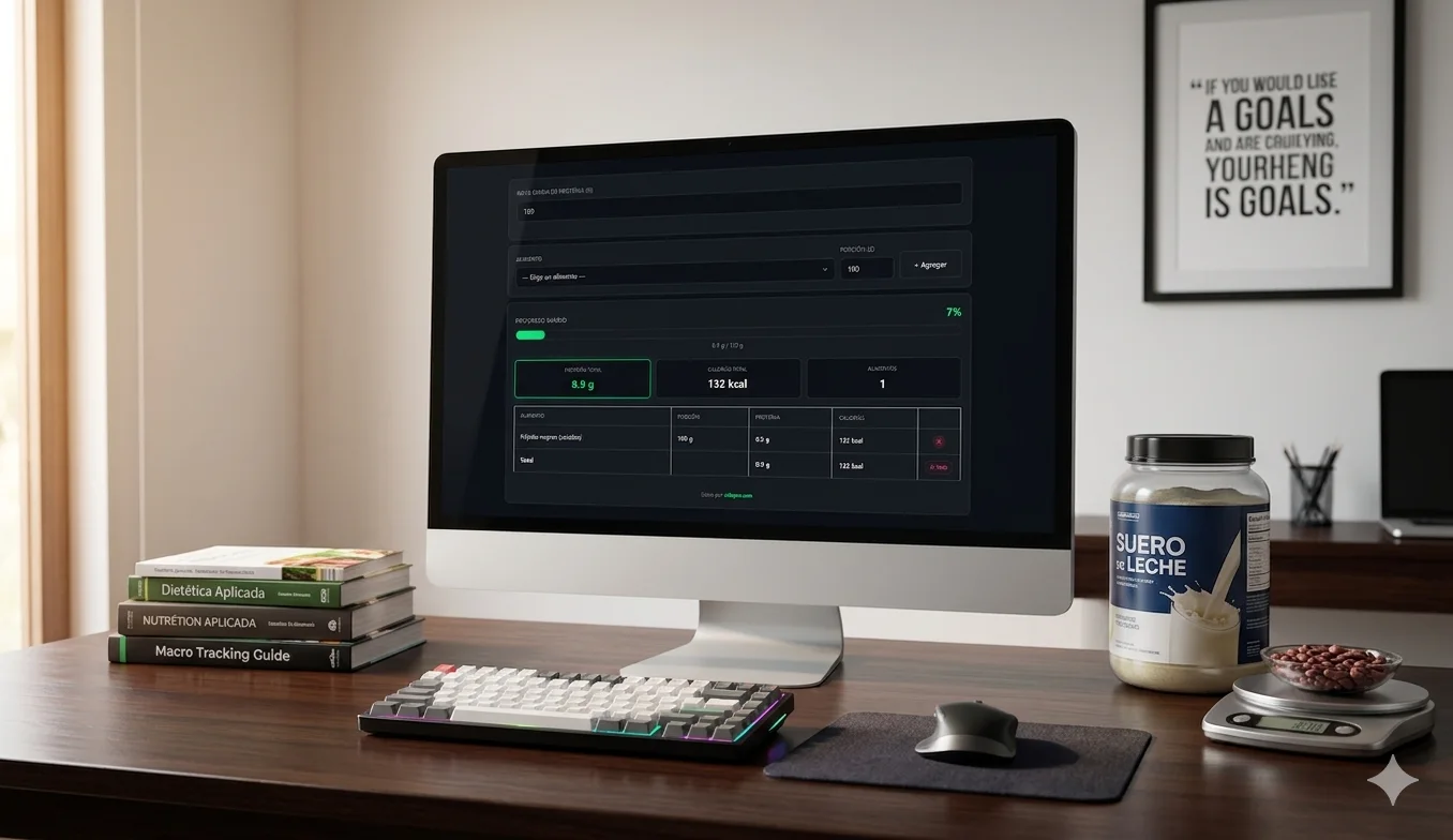 Escritorio de oficina moderno con un monitor de computadora que muestra una interfaz de calculadora de proteínas y calorías. En el escritorio hay libros de nutrición, una báscula digital de cocina con frijoles y un suplemento de proteína, ideal para un tutorial de seguimiento de macros.