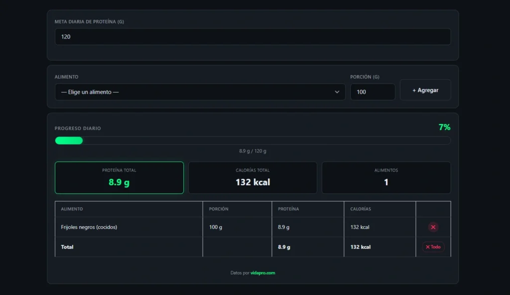Vista previa del Widget de Calculadora de Proteína VidaPro Labs, optimizado para escritorio y dispositivos móviles.